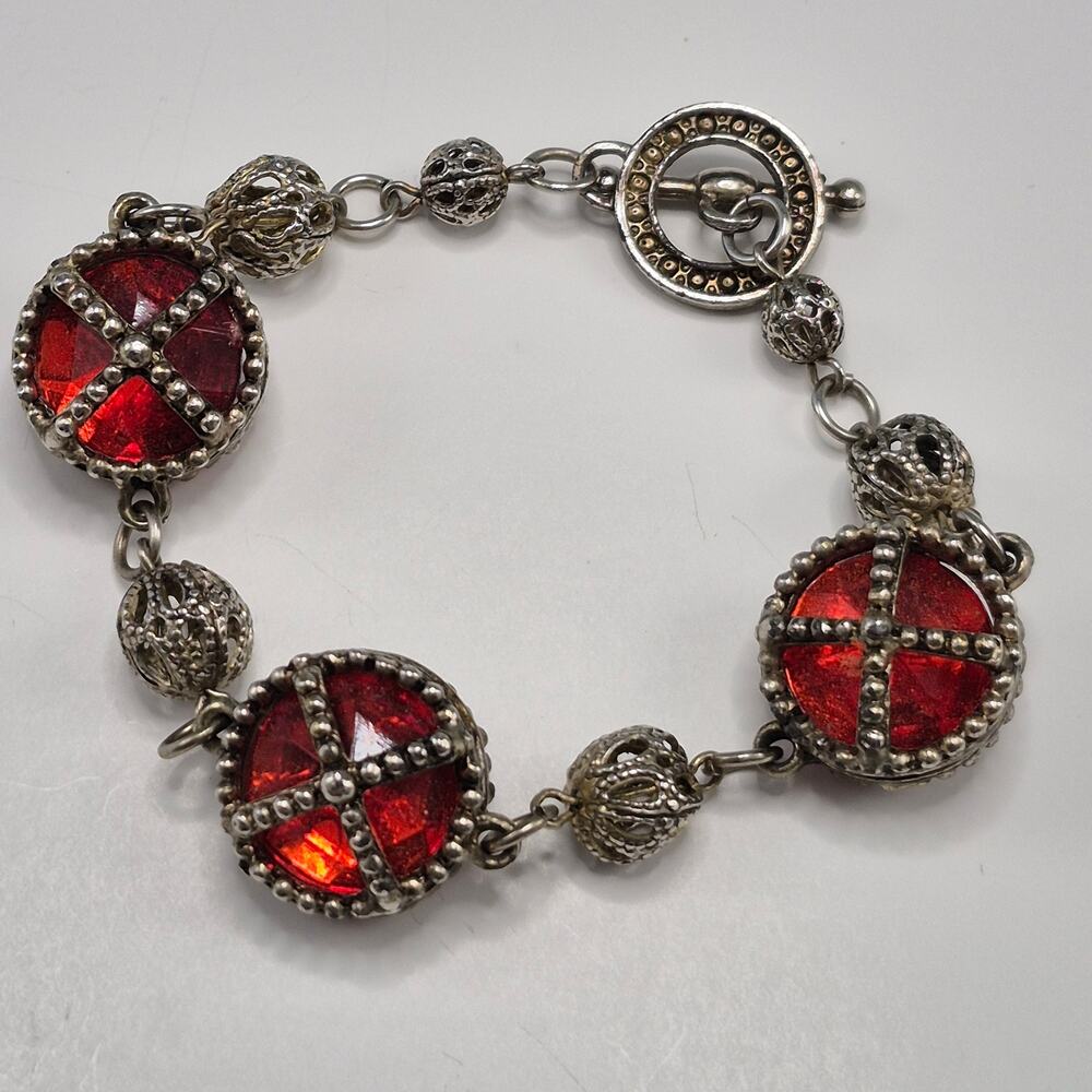 Vintage Medieval Victorian Style Bracelet Silver-tone and Red Stone Toggle Close - Picture 1 of 16